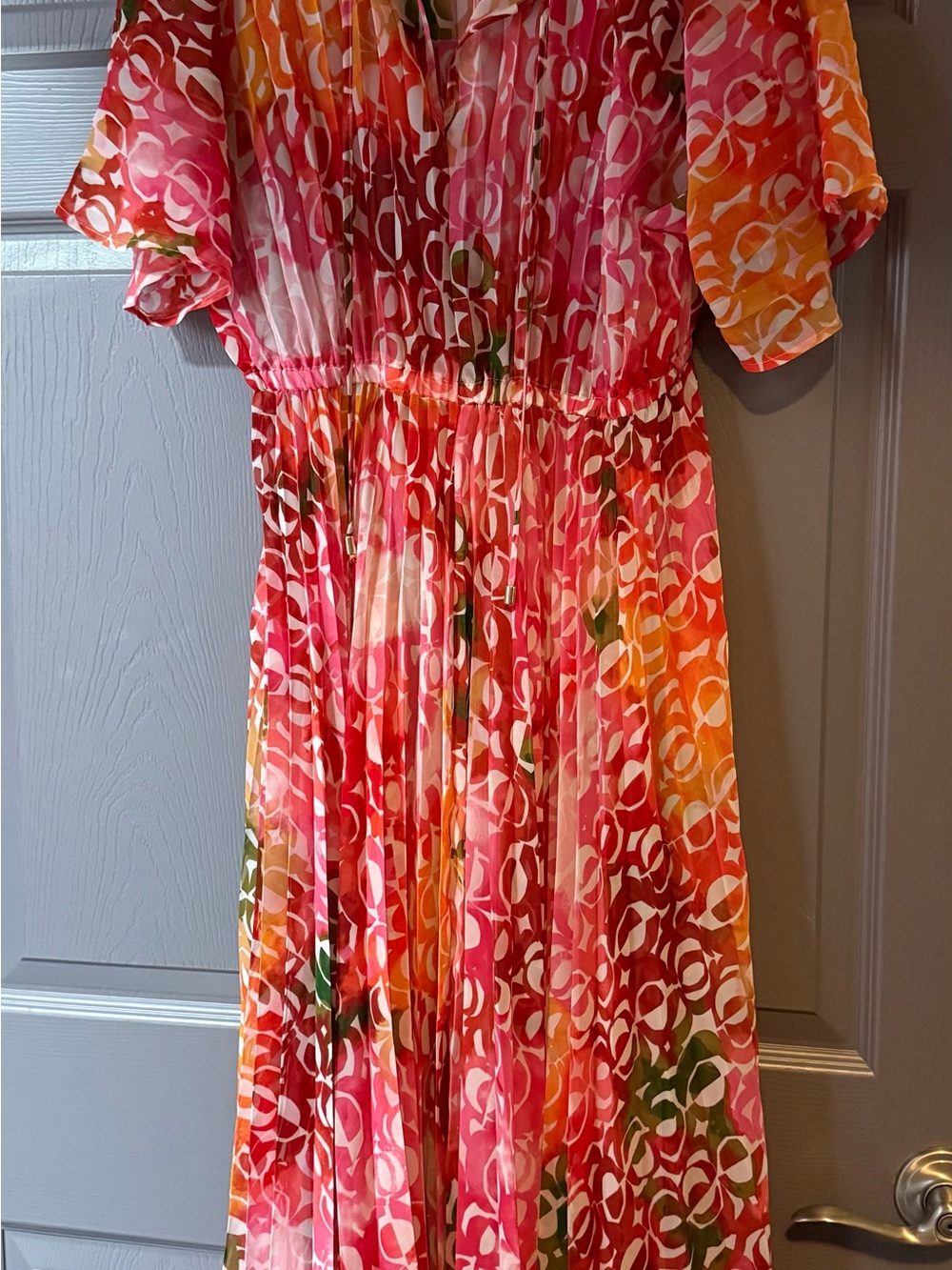 Floral Pink Orange Midi Dress - Lightweight Pleated Summer Dress